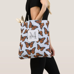 Elegant Monogram Monarch Butterflies Floral  Tote Bag