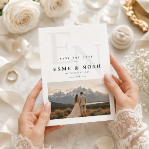Elegant Monogram Mountain couple photo Save The Date