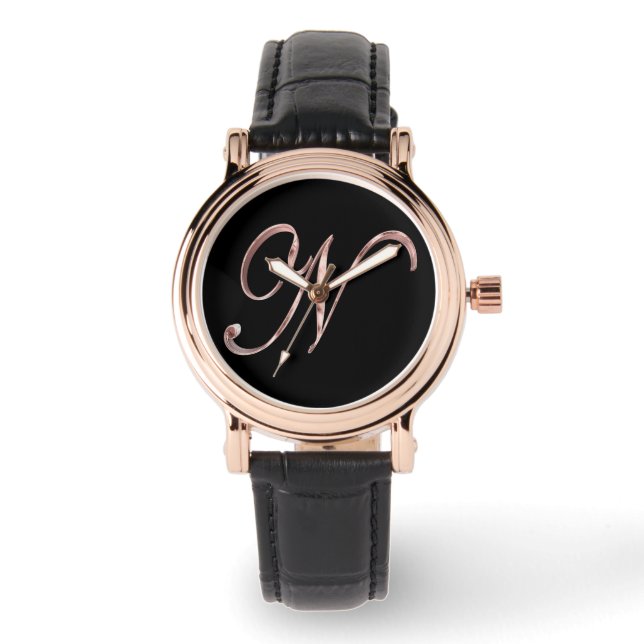 Elegant Monogram N Black and Rose Gold Watch (Front)