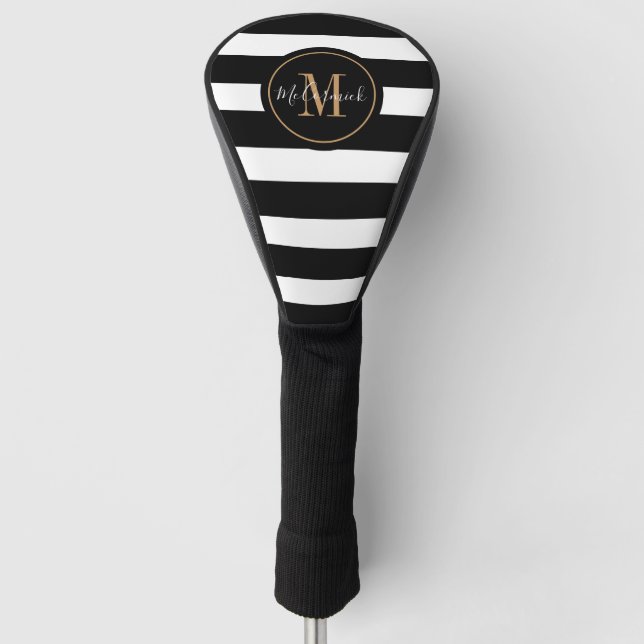 Elegant Monogram Name Black and White Stripes Golf Head Cover (Front)