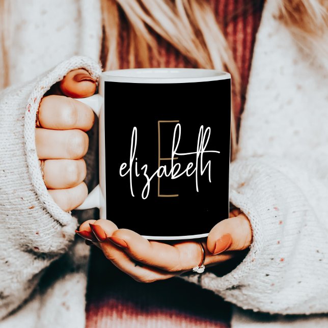 Elegant Monogram Name Black Gold Script Coffee Mug (Creator Uploaded)