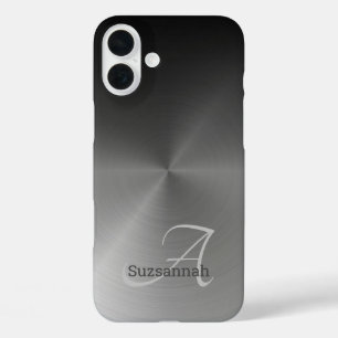 Elegant Monogram Name Black Ombre Faux Metal iPhone 16 Plus Case