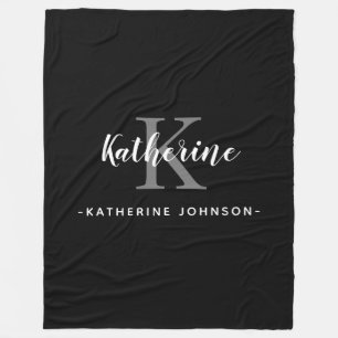 Elegant Monogram Name Black White Fleece Blanket
