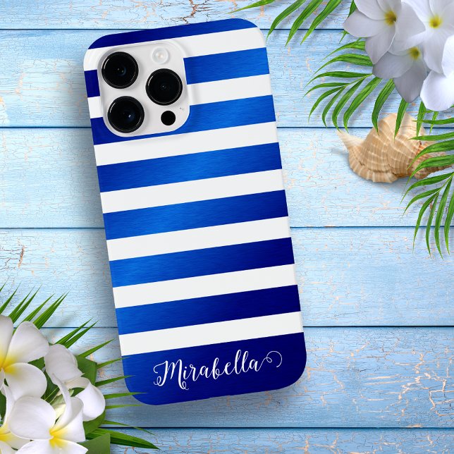 Elegant Monogram Name Blue and White Stripes Case-Mate iPhone Case (Creator Uploaded)
