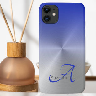 Elegant Monogram Name Blue Ombre Faux Metal iPhone 16 Plus Case