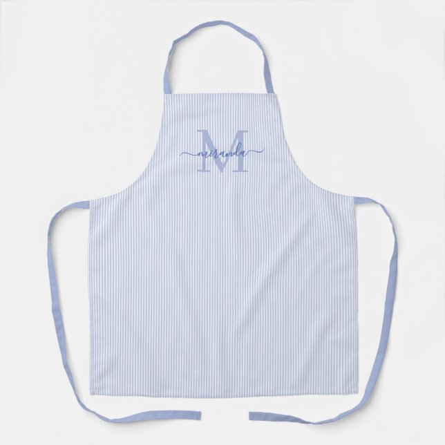 Elegant Monogram Name Blue Stripe Apron (Front)