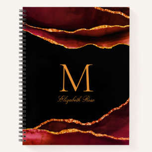 Elegant Monogram Name Burgundy Rust Gold Black Notebook