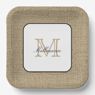 Elegant Monogram Name Chic Farmhouse Style Burlap Paper Plate