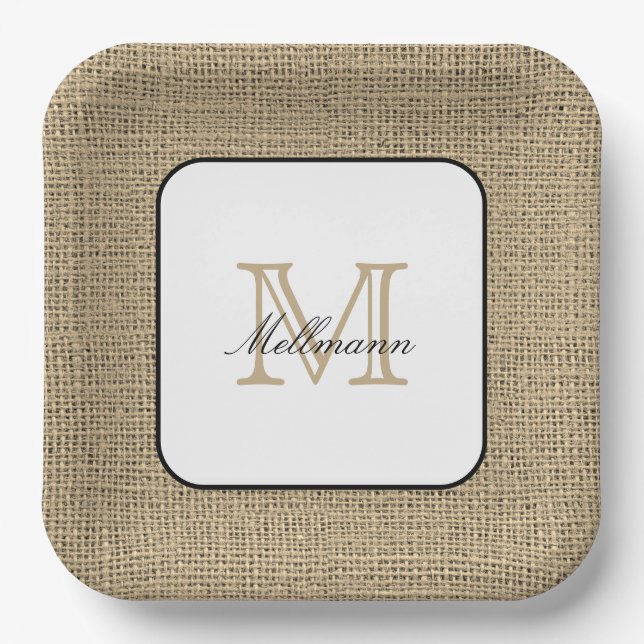 Elegant Monogram Name Chic Farmhouse Style Burlap Paper Plate (Front)