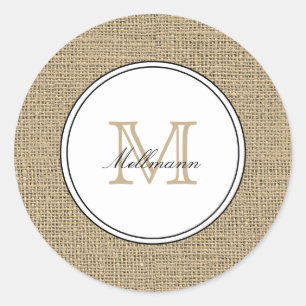 Elegant Monogram Name Country Chic Style Burlap Classic Round Sticker
