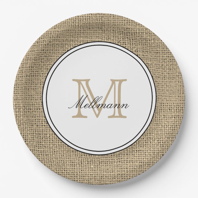 Elegant Monogram Name Country Chic Style Burlap Paper Plate (Front)
