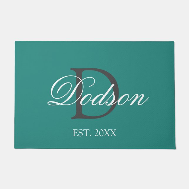 Elegant Monogram Name Date Established Year Teal Doormat (Front)