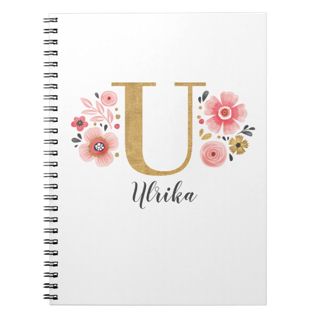 Elegant Monogram Name Floral White Pink Script Notebook (Front)