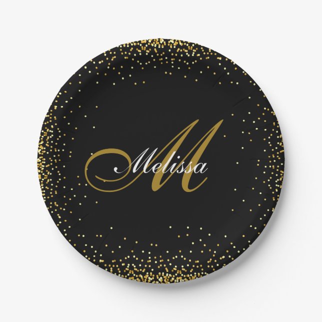elegant monogram name gold glitter black paper plate (Front)