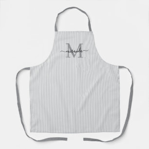 Elegant Monogram Name Gray Stripe Apron