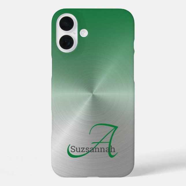 Elegant Monogram Name Green Ombre Faux Metal Case-Mate iPhone Case (Back)