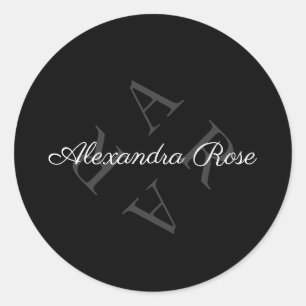 Elegant Monogram Name Grey Black Classic Round Sticker