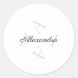 Elegant Monogram Name Grey Black Classic Round Sticker