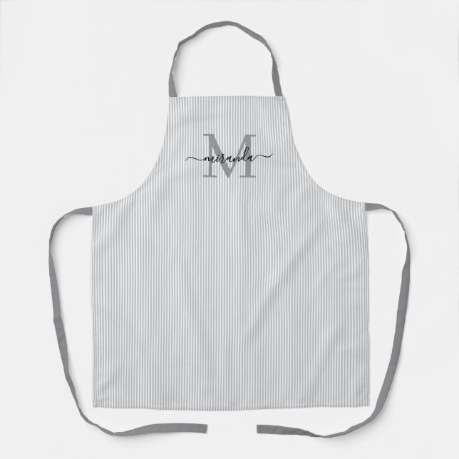 Elegant Monogram Name Grey Stripe Apron (Front)