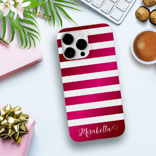 Elegant Monogram Name Hot Pink and White Stripes Case-Mate iPhone 14 Pro Max Case
