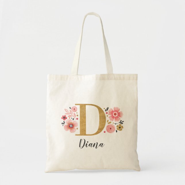 Elegant Monogram Name Initial Gold Pink Tote Bag (Front)