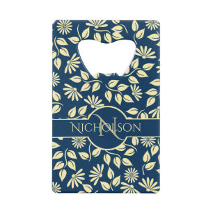 Elegant Monogram Name  Leaf Daisy Pattern Blue