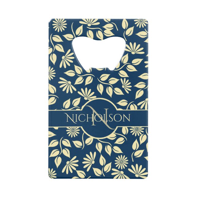 Elegant Monogram Name  Leaf Daisy Pattern Blue (Front)