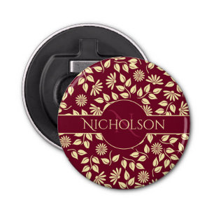 Elegant Monogram Name  Leaf Daisy Pattern Burgundy Bottle Opener