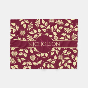 Elegant Monogram Name  Leaf Daisy Pattern Burgundy Fleece Blanket