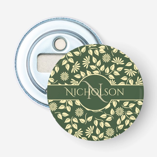 Elegant Monogram Name  Leaf Daisy Pattern Green Bottle Opener (Front)