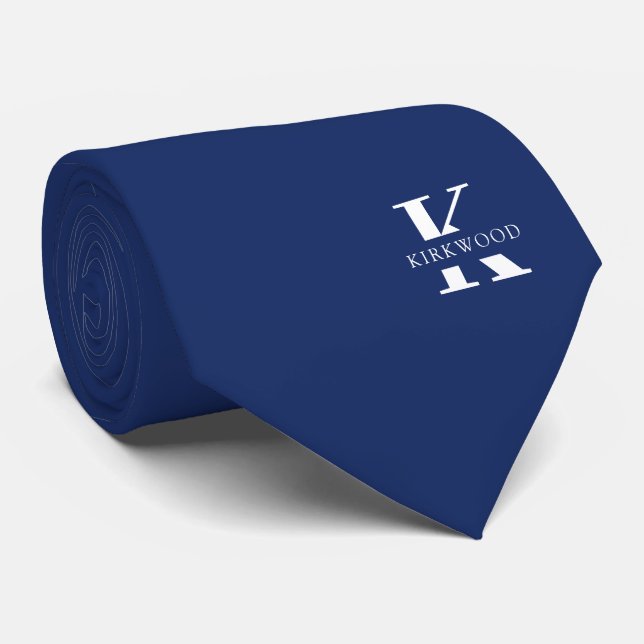 Elegant Monogram + Name | Navy Blue | One-Sided Tie (Rolled)