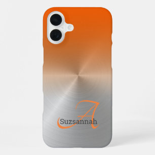 Elegant Monogram Name Orange Ombre Faux Metal iPhone 16 Plus Case