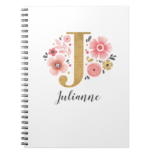 Elegant Monogram Name Pink Gold Floral Script Notebook (Front)