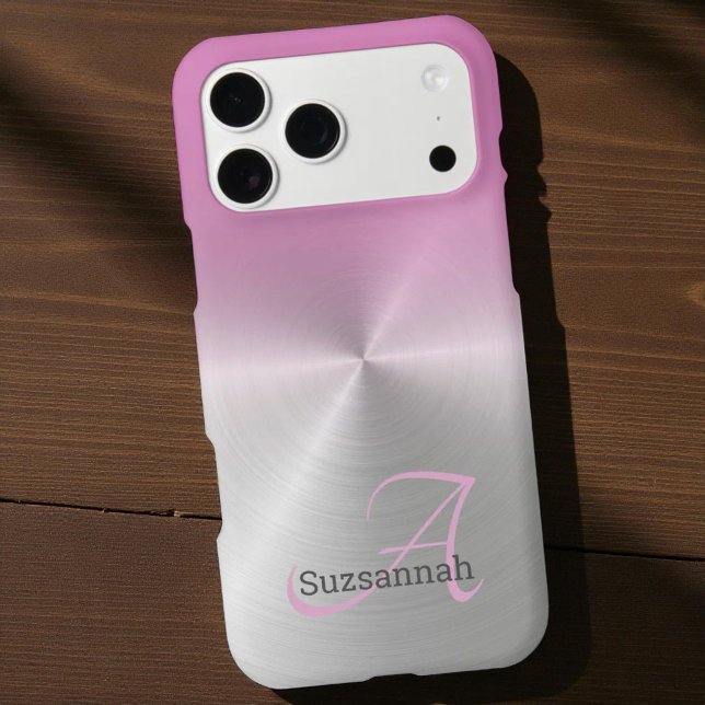 Elegant Monogram Name Pink Ombre Faux Metal (Pink ombre monogram and name template iPhone case)