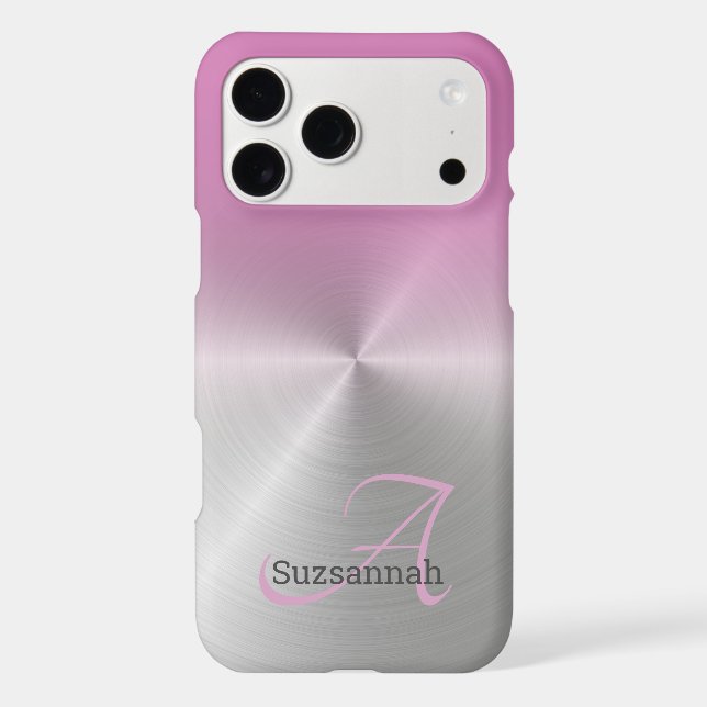 Elegant Monogram Name Pink Ombre Faux Metal (Back)