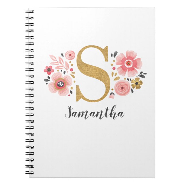 Elegant Monogram Name Pink White Floral Office Notebook (Front)