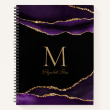 Elegant Monogram Name Purple Agate Gold Black