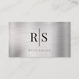 Elegant Monogram & Name, QR Code, Brushed Silver Business Card