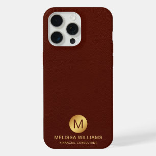 Elegant Monogram Name Red Faux Leather & Gold iPhone 15 Pro Max Case