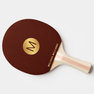 Elegant Monogram Name Red Leather & Gold Ping Pong Paddle