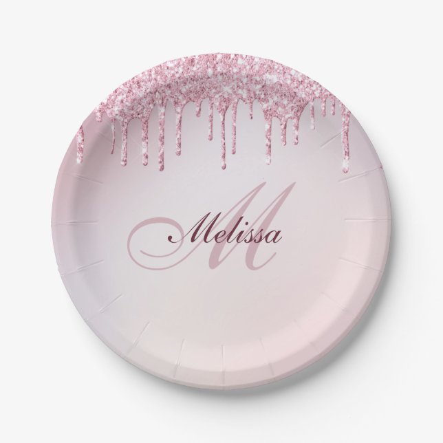 elegant monogram name rose gold glitter  paper plate (Front)