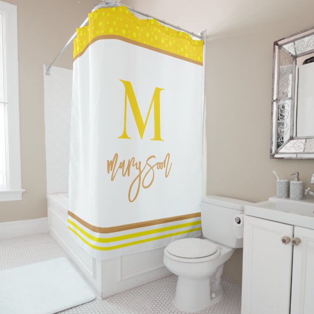 Elegant Monogram Name Script, Feminine White Gold Shower Curtain (In Situ)