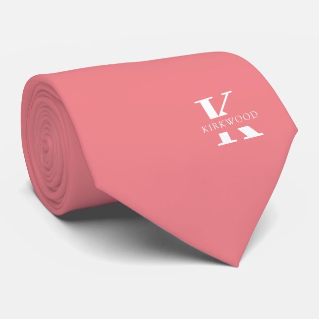 Elegant Monogram + Name | Shrimp Pink | One-Sided Tie (Rolled)