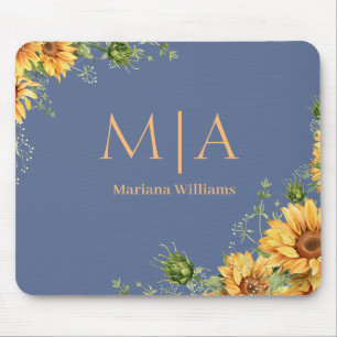 elegant monogram name sunflowers orange blue mouse mat