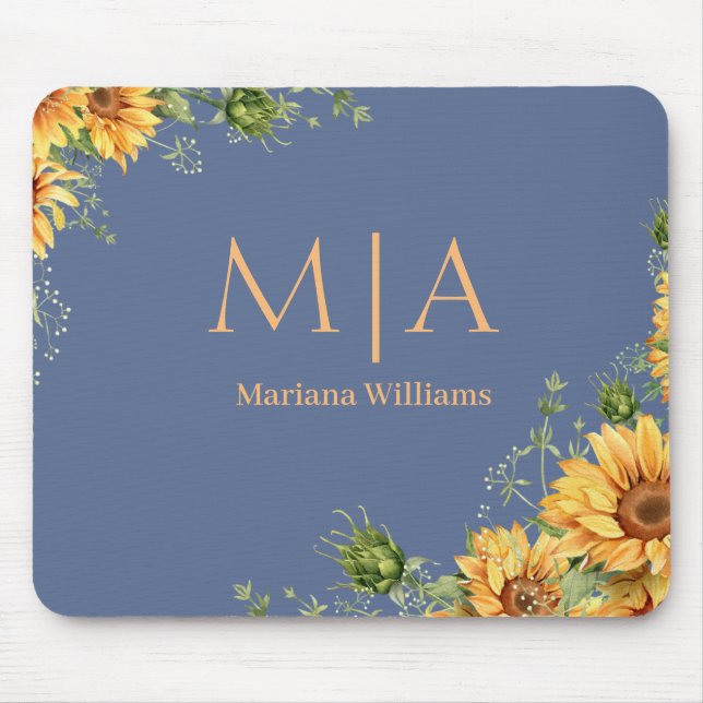 elegant monogram name sunflowers orange blue mouse mat (Front)