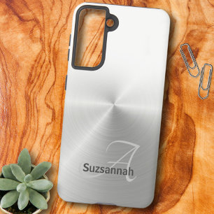 Elegant Monogram Name White Ombre Faux Metal Samsung Galaxy Case