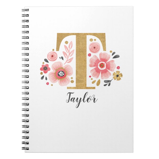 Elegant Monogram Name White Pink Floral Script Notebook (Front)