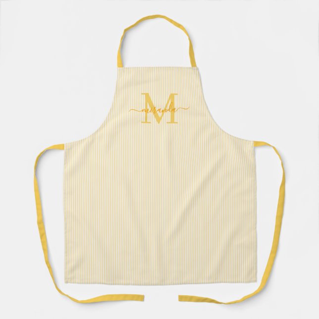 Elegant Monogram Name Yellow Stripe Apron (Front)