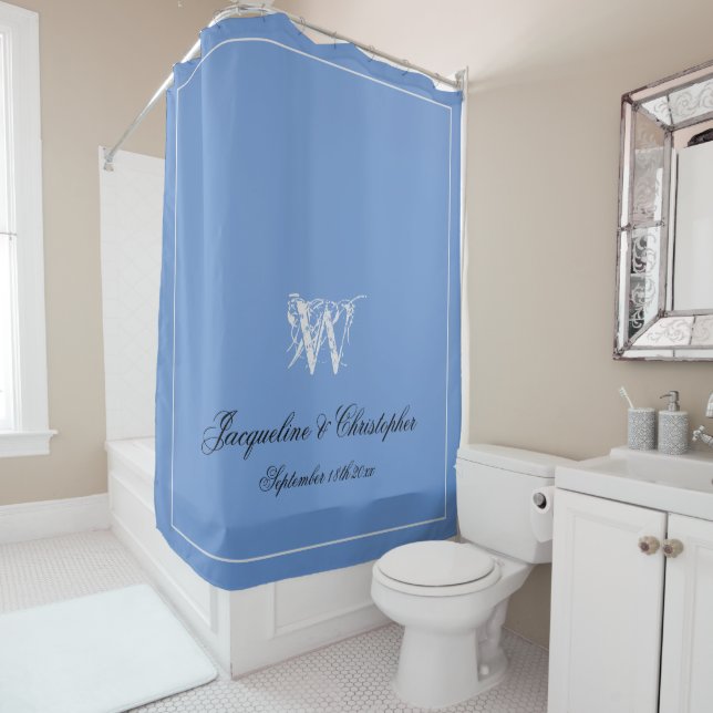 Elegant Monogram & Names Light Blue Grey Black  Shower Curtain (In Situ)