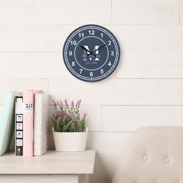 Elegant Monogram Navy Blue Custom Family Name Large Clock (Reading Room)